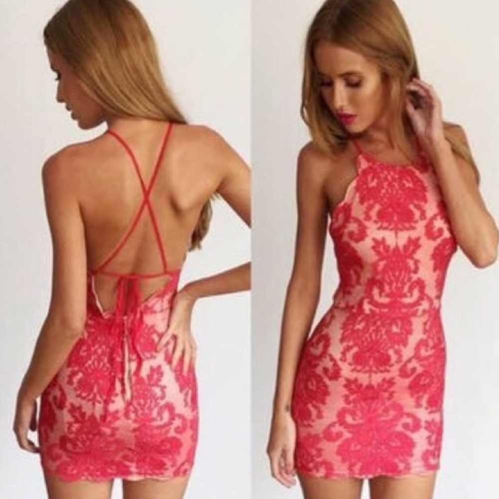 Red lace strappy scalloped bodycon latiste showpo